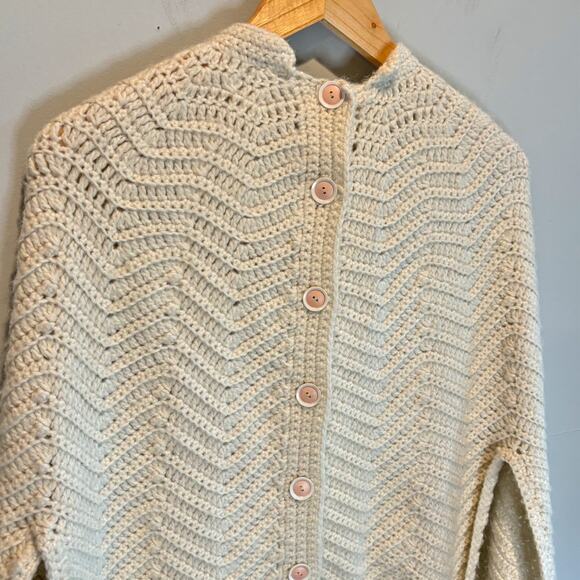 Hand Crocheted Cream Button Front Poncho Sweater - size Medium - Picture 3 of 4